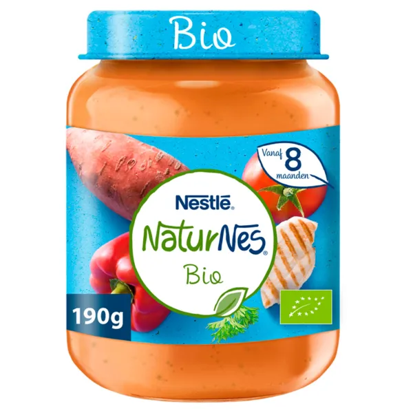 6x Nestle NaturNes Bio Maaltijd 8+ mnd Zoete aardappel, Paprika, Tomaat, Kip 190 gr