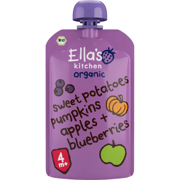7x Ella's kitchen Knijpzakje 4+ m Appel Zoete aardappel Pompoen Bosbessen 120 gr