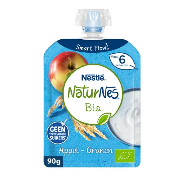 7x Nestle NaturNes Bio Knijpfruit 6+ mnd Appel, Granen 90 gr