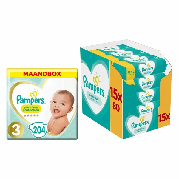 Pampers Premium Protection Luiers Maat 3 en Pampers Billendoekjes Sensitive 15x80=1200 doekjes Pakket