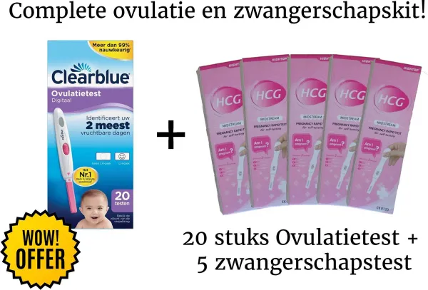 20 stuks Clearblue Ovulatietesten + 5 stuks HCG zwangerschapstesten| Complete Ovulatie + Zwangerschaps kit| Voordeelpakket