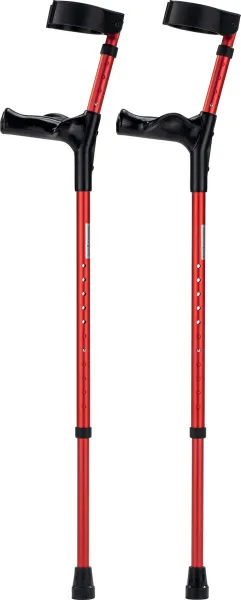 Elleboogkrukken ergonomisch rood. Maat S. Loopkrukken - krukken anatomische handvatten, gesloten manchet. Set - paar van 2