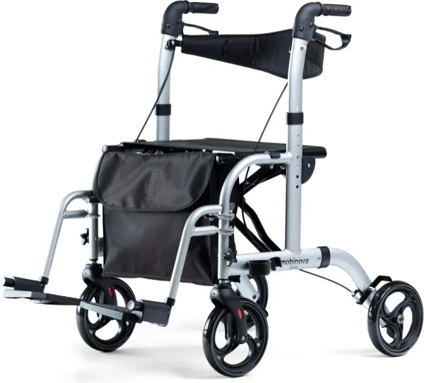 Rollator Dual - ook als transportstoel te gebruiken - Opvouwbaar - Zilver - lichtgewicht - gratis boodschappentas