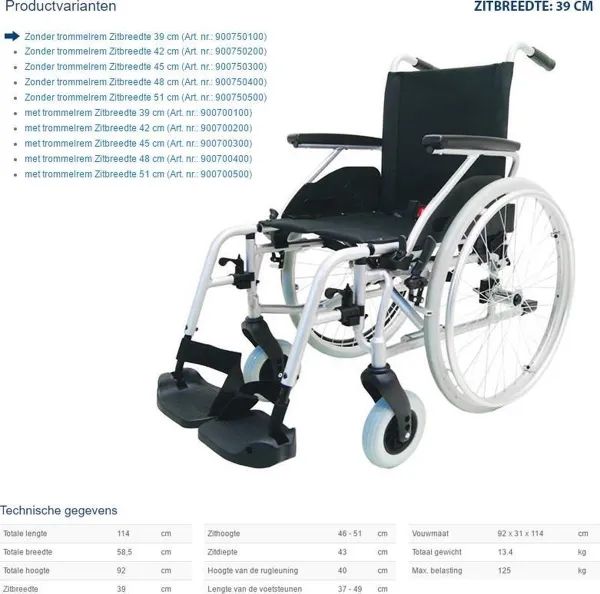 Rolstoel Drive Litec lichtgewicht - ZB 39 cm - zonder trommelrem