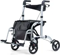 Rollator Dual - ook als transportstoel te gebruiken - Opvouwbaar - Zilver - lichtgewicht - gratis boodschappentas